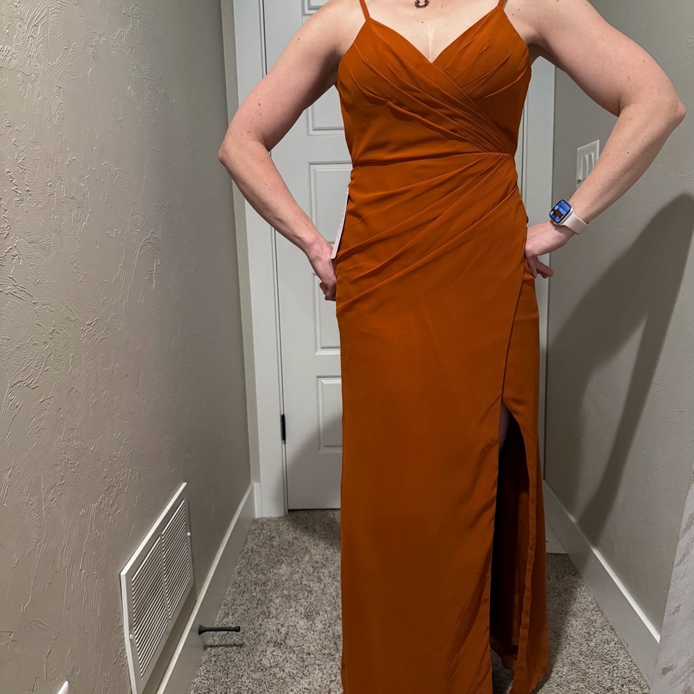 Azazie Cinnamon Satin Bridesmaid Dress A2 Ruched Wrap Slit Maxi Formal Gown NWT